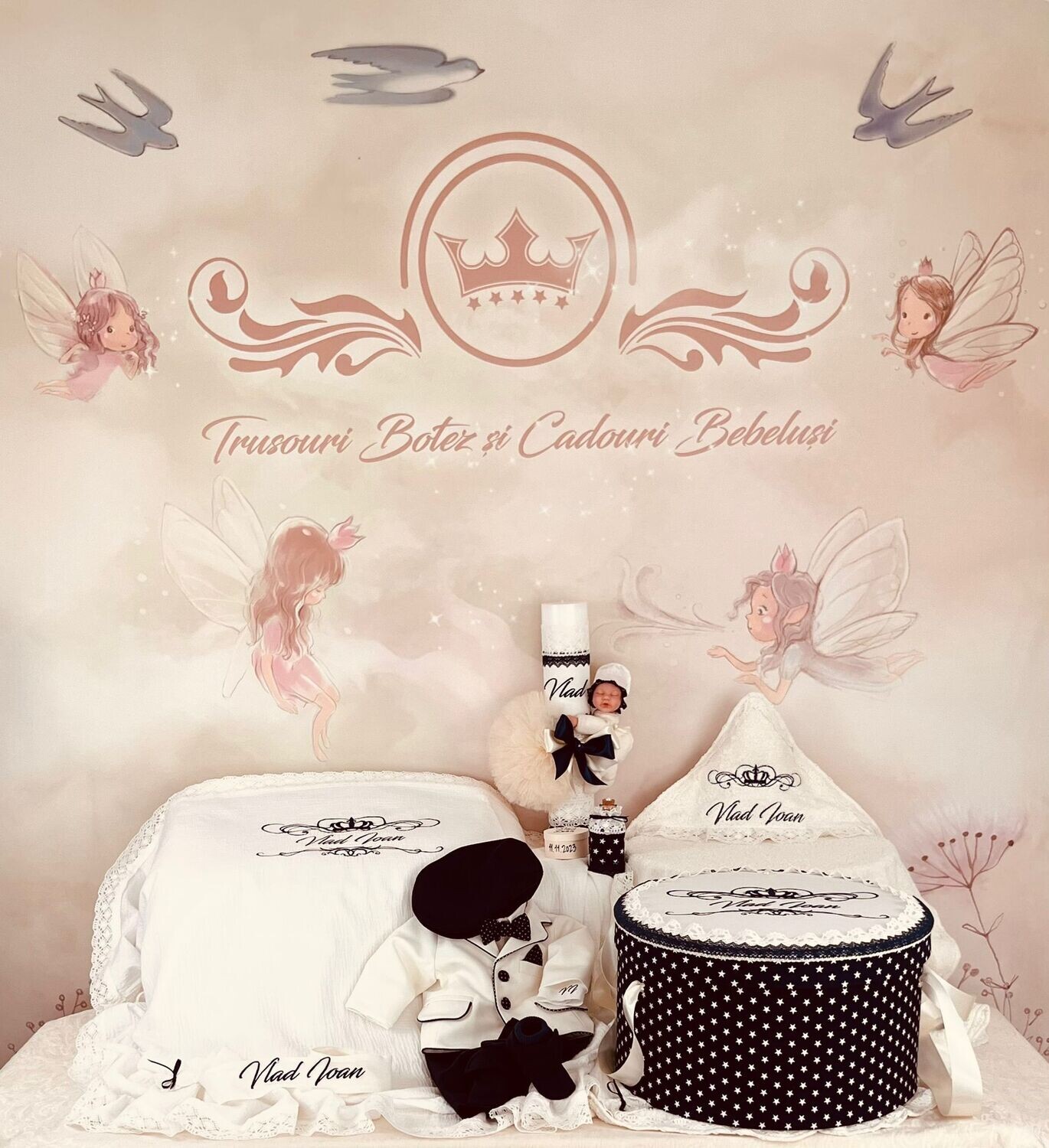 Trusou botez Muselina Royal Bleumarin - Set Biserica Premium