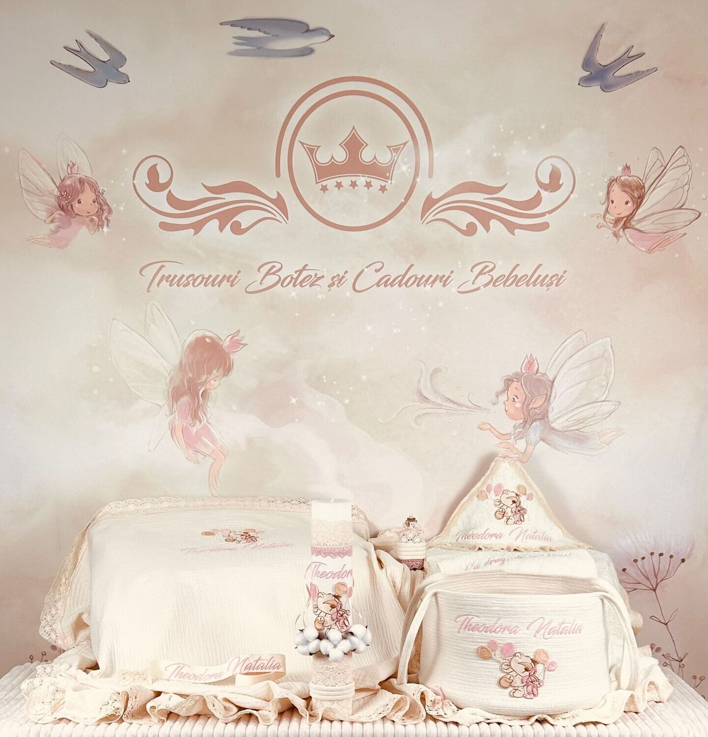 Trusou Botez Muselina Urs cu Baloane  Naty- Set Biserica