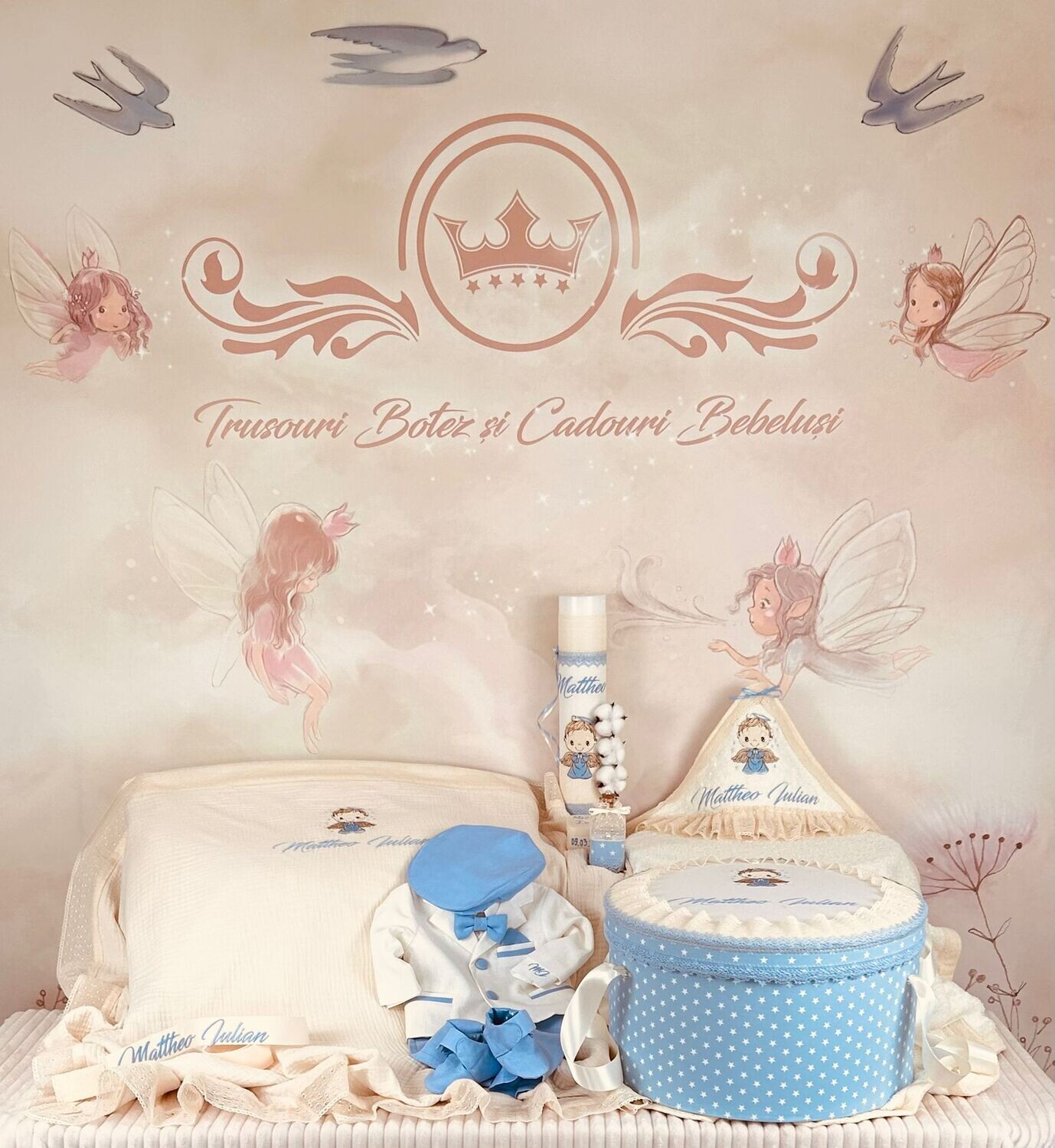 Trusou Botez Muselina Ingeras bleu - Set Biserica Premium