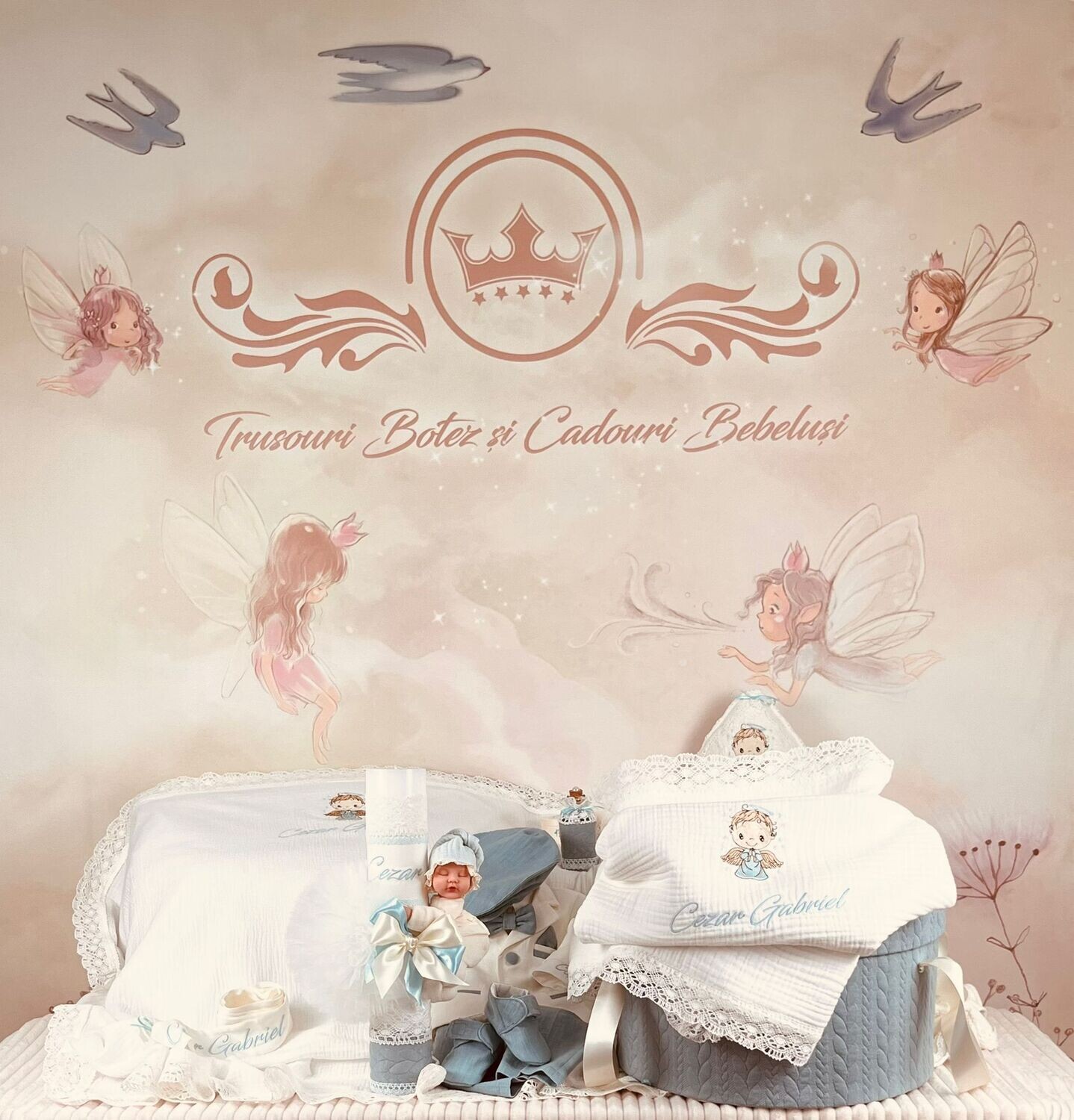 Trusou Botez Muslin Ingeras aqua - Set Biserica Premium