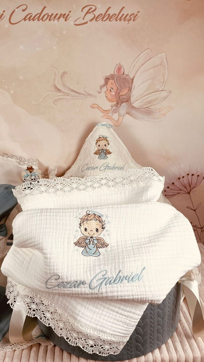 Trusou Botez Muslin Ingeras aqua - Set Biserica Premium