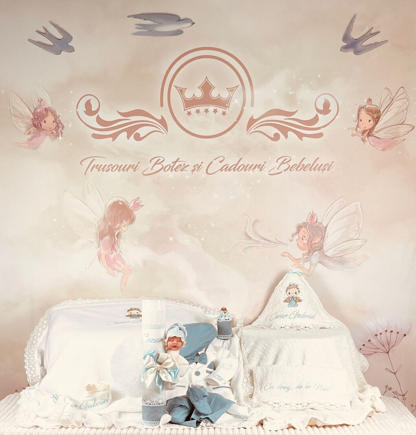 Trusou Botez Muslin Ingeras aqua - Set Biserica Premium