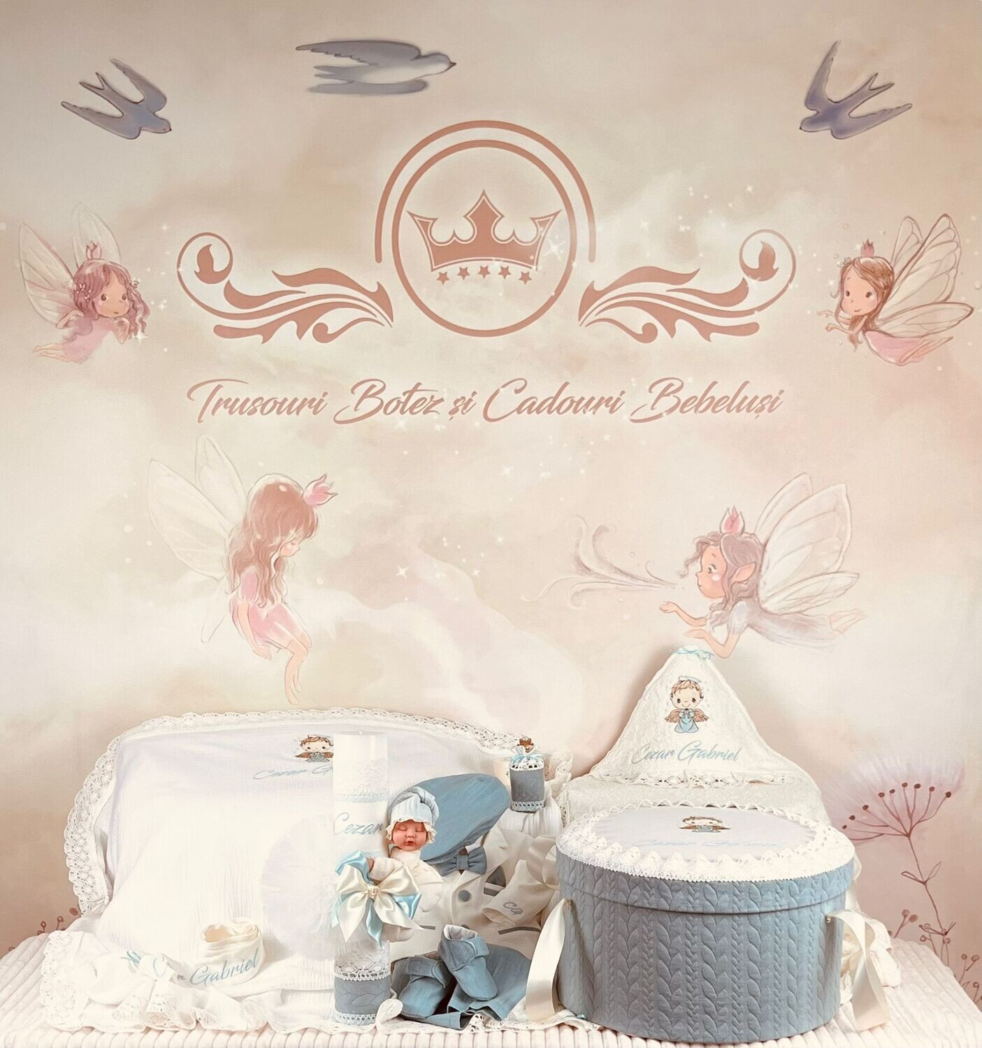Trusou Botez Muslin Ingeras aqua - Set Biserica Premium