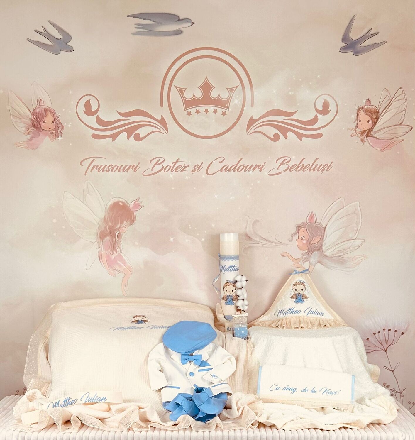 Trusou Botez Muselina Ingeras bleu - Set Biserica Premium