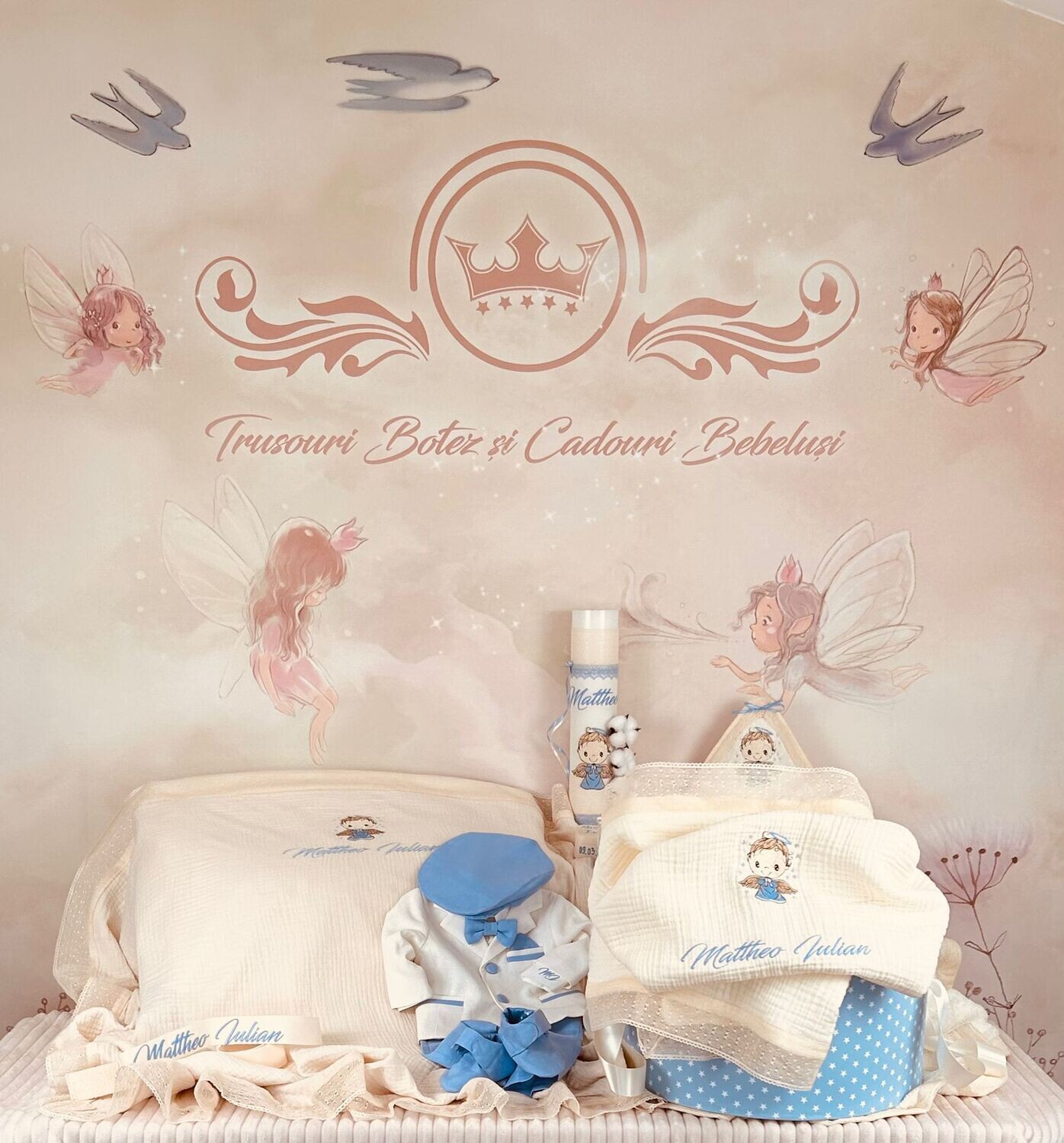 Trusou Botez Muselina Ingeras bleu - Set Biserica Premium