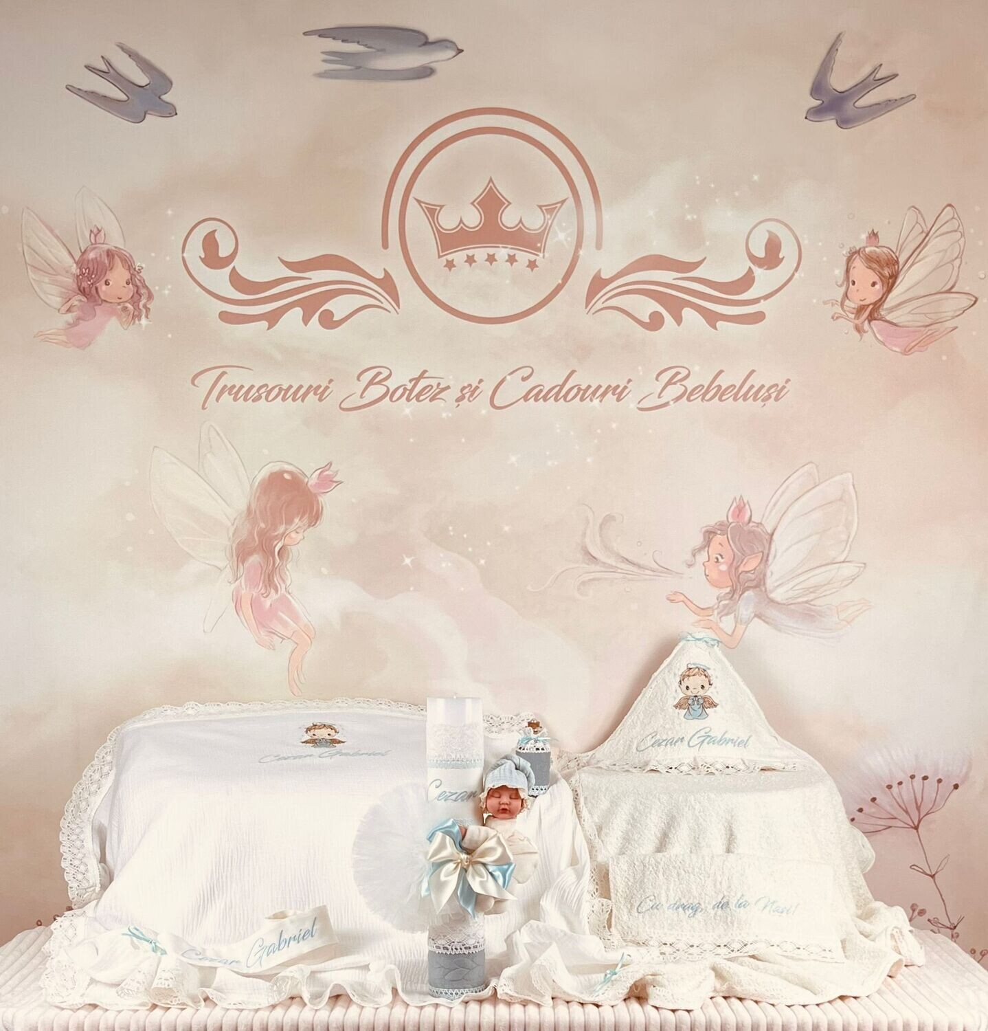 Trusou Botez Muslin Ingeras aqua - Set Biserica Premium