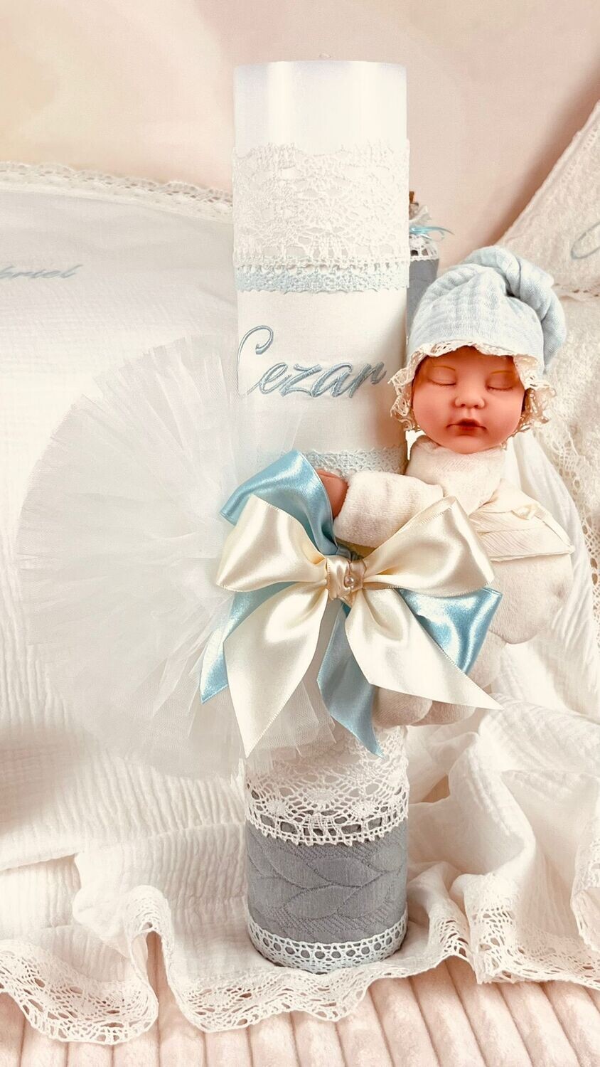 Trusou Botez Muslin Ingeras aqua - Set Biserica Premium
