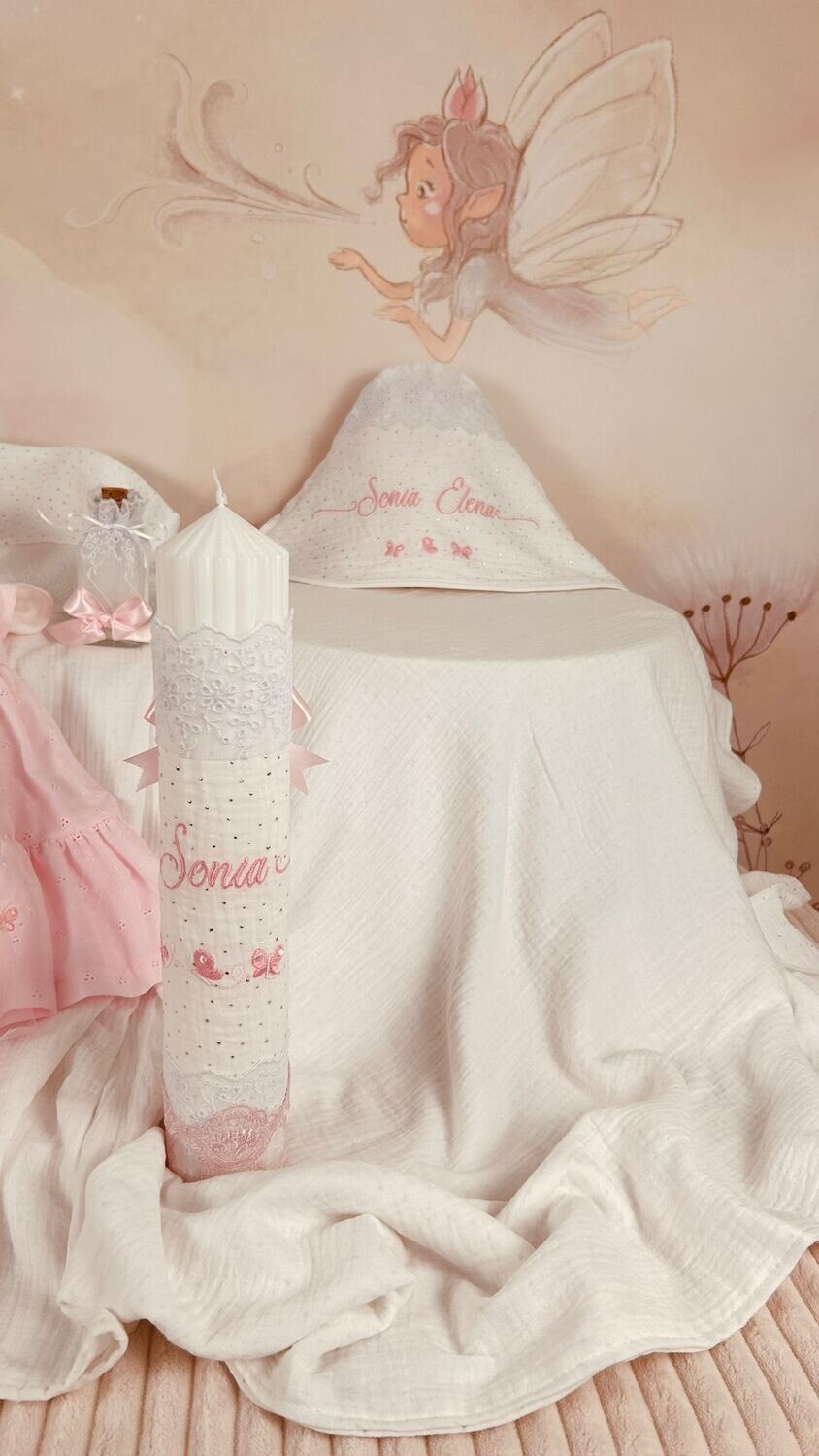Trusou Botez Personalizat Muselina Fluturas baza - Set Biserica