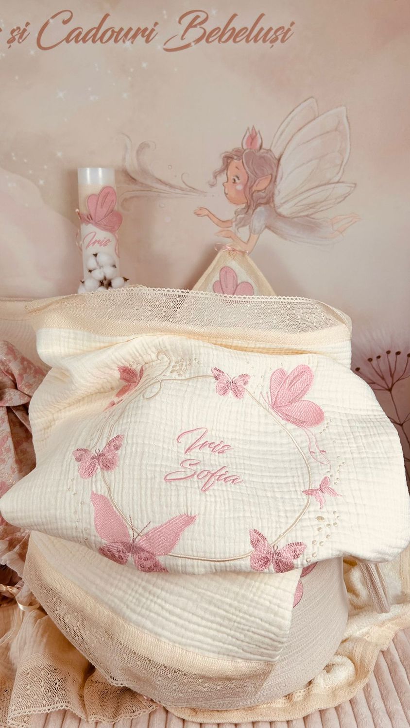 Trusou Muselina Botez Fluturi Iris - Set Biserica Premium