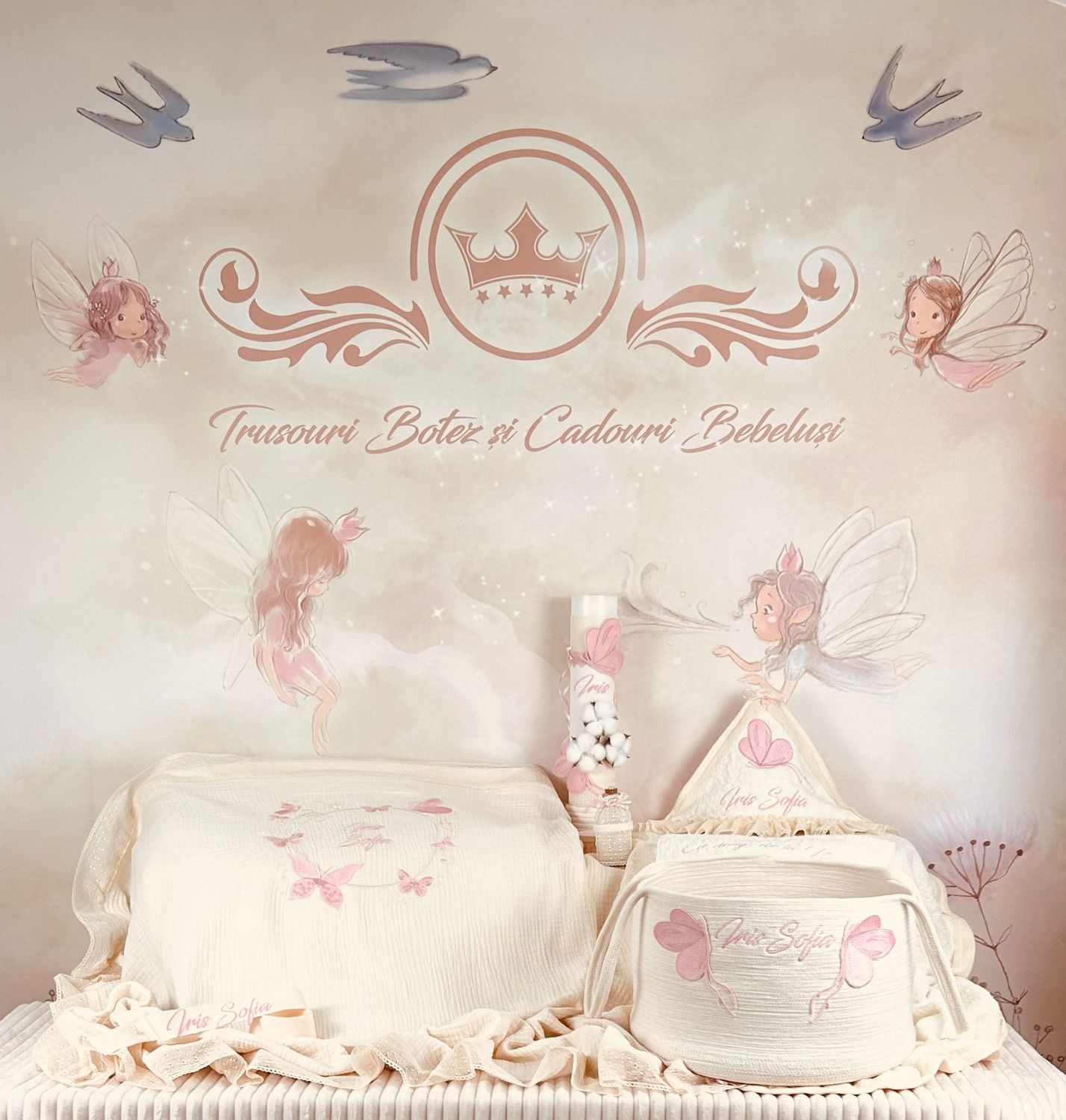 Trusou Muselina Botez Fluturi Iris - Set Biserica Premium