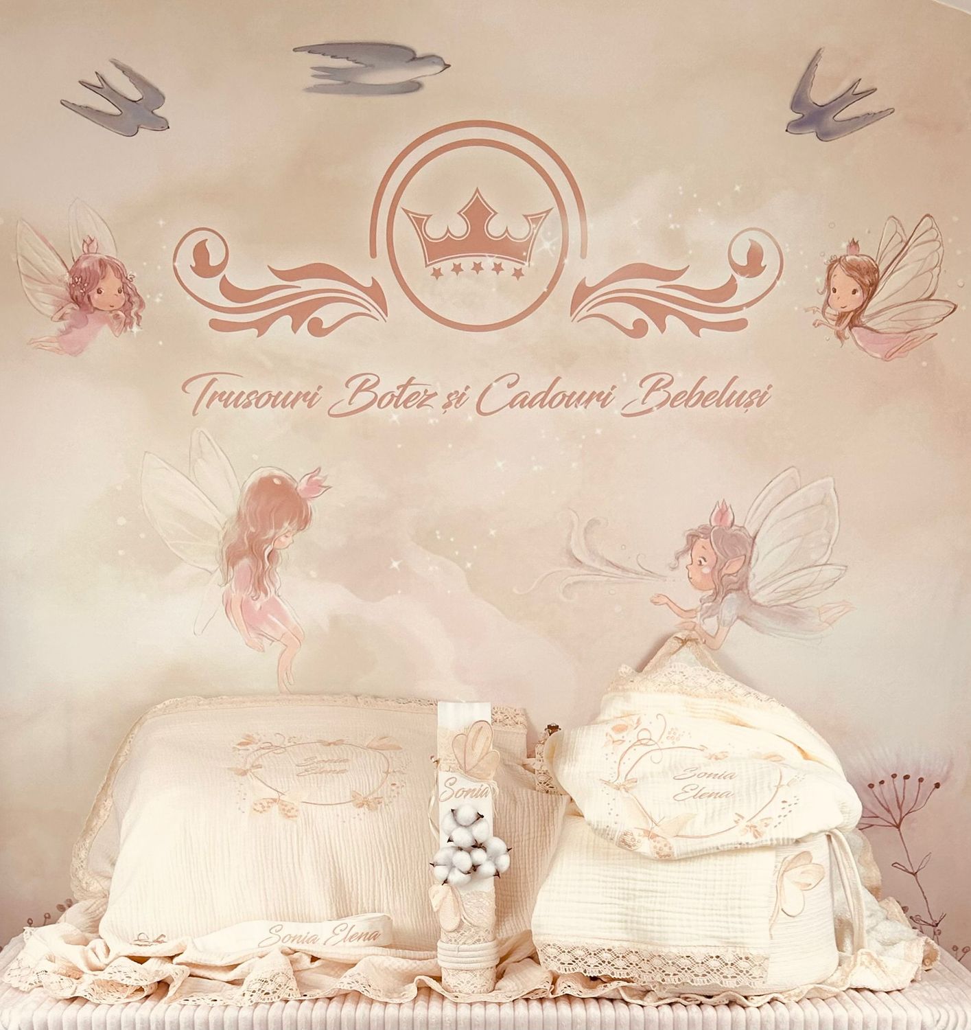 Trusou Botez Muselina Fluturi Ivory - Set Biserica Premium