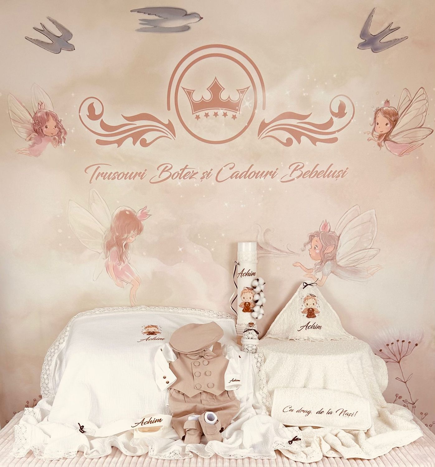 Trusou Botez Muslin Ingeras Maro  - Set Biserica Premium