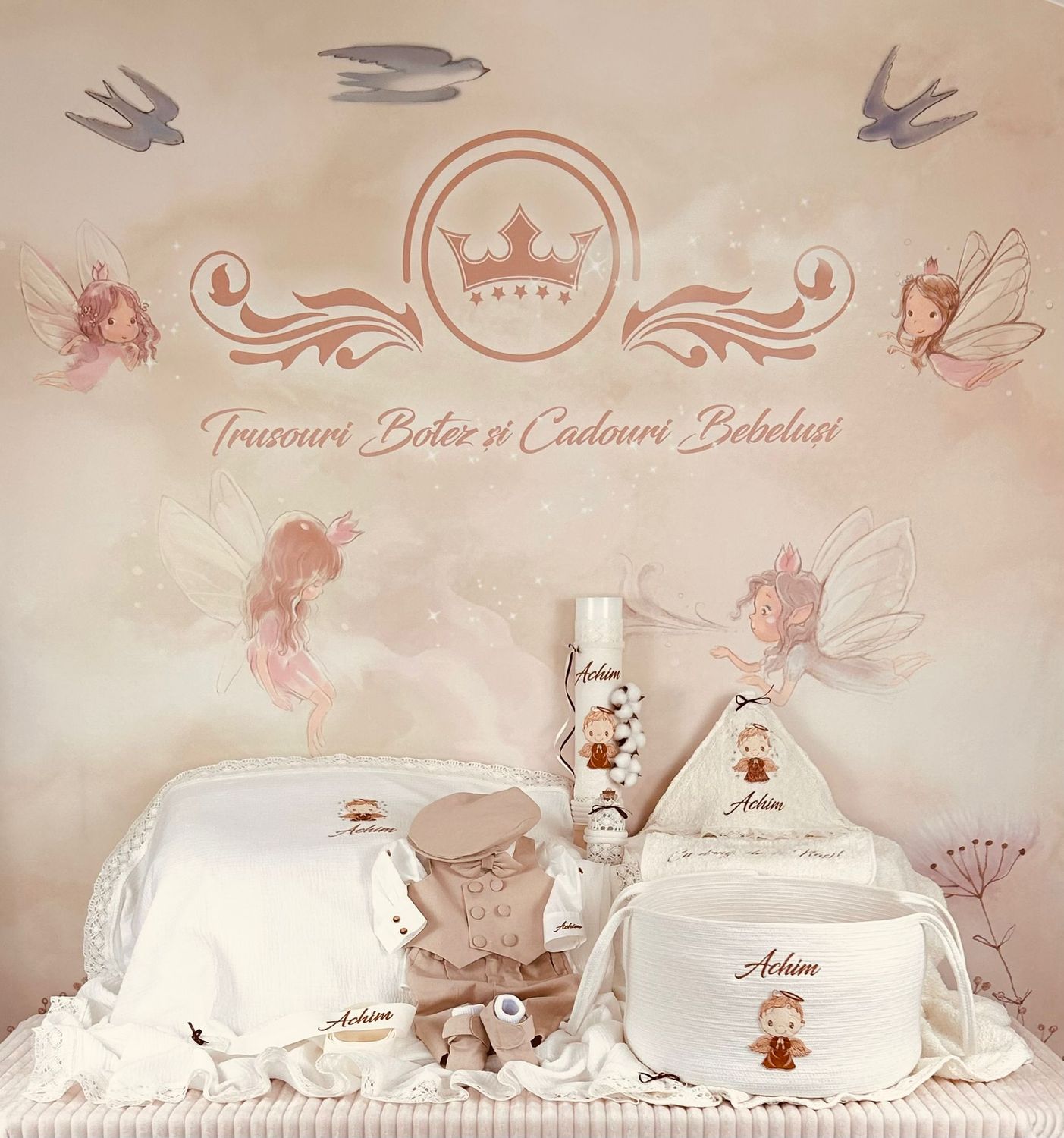 Trusou Botez Muslin Ingeras Maro  - Set Biserica Premium