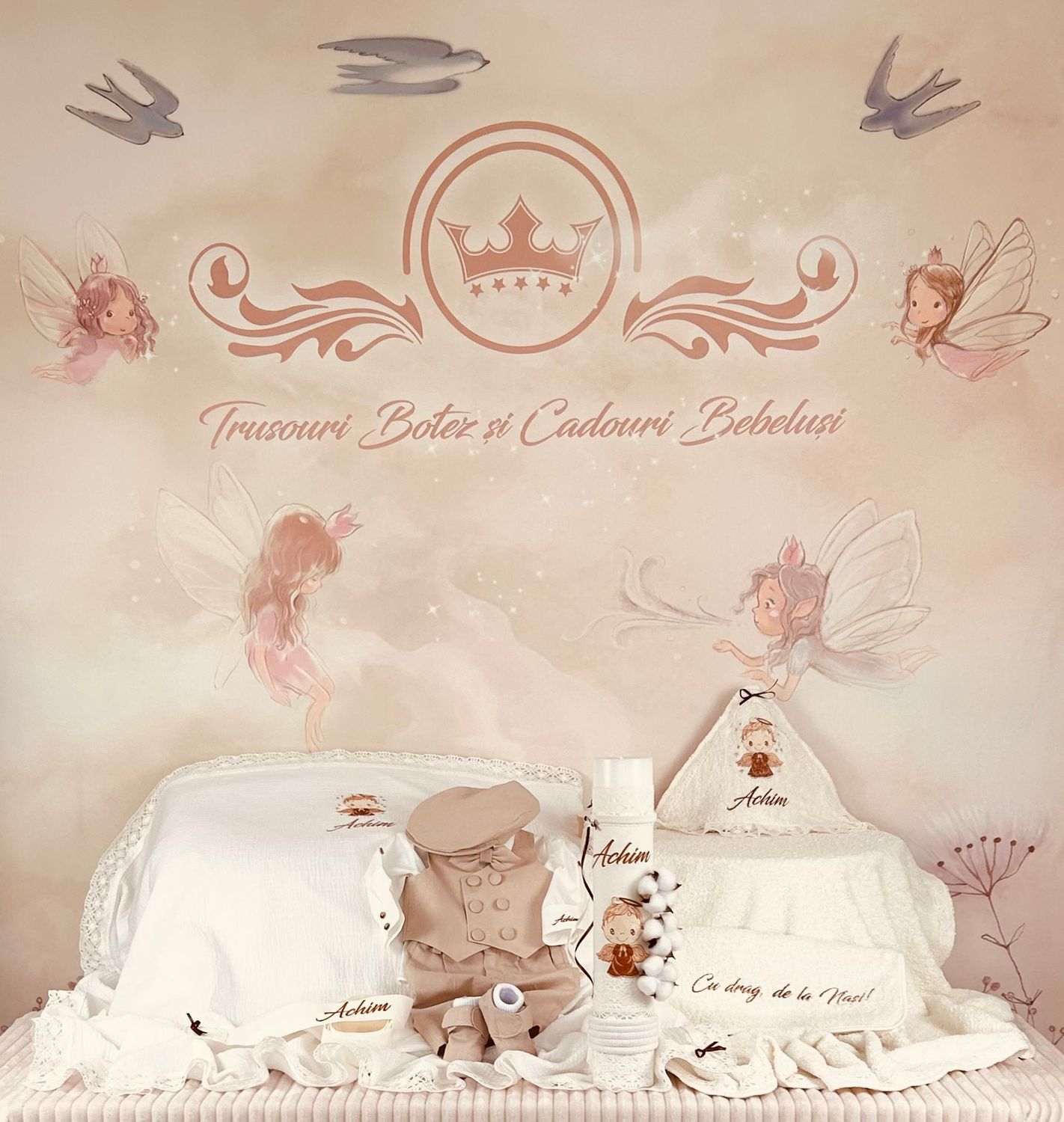 Trusou Botez Muslin Ingeras Maro  - Set Biserica Premium