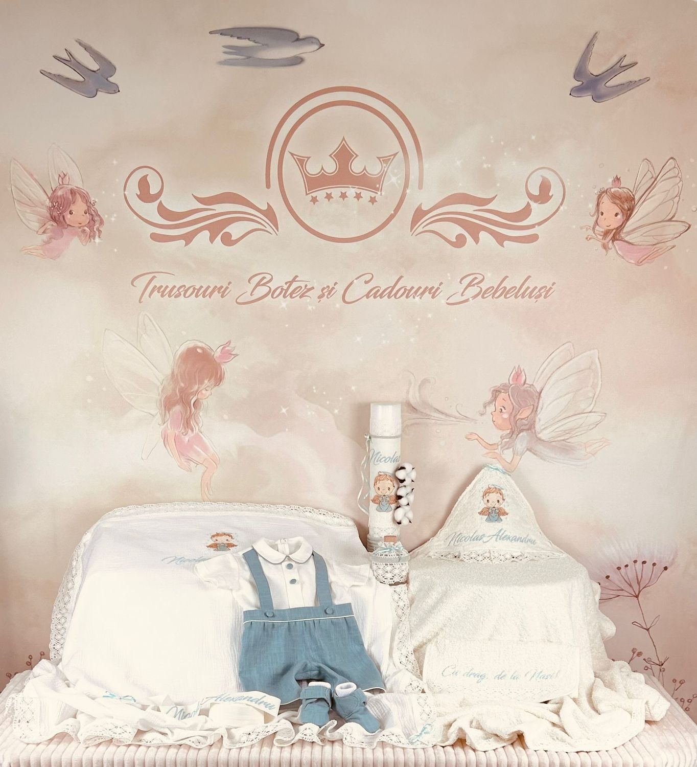 Trusou Botez Personalizat Ingeras Aqua - Set Biserica Premium