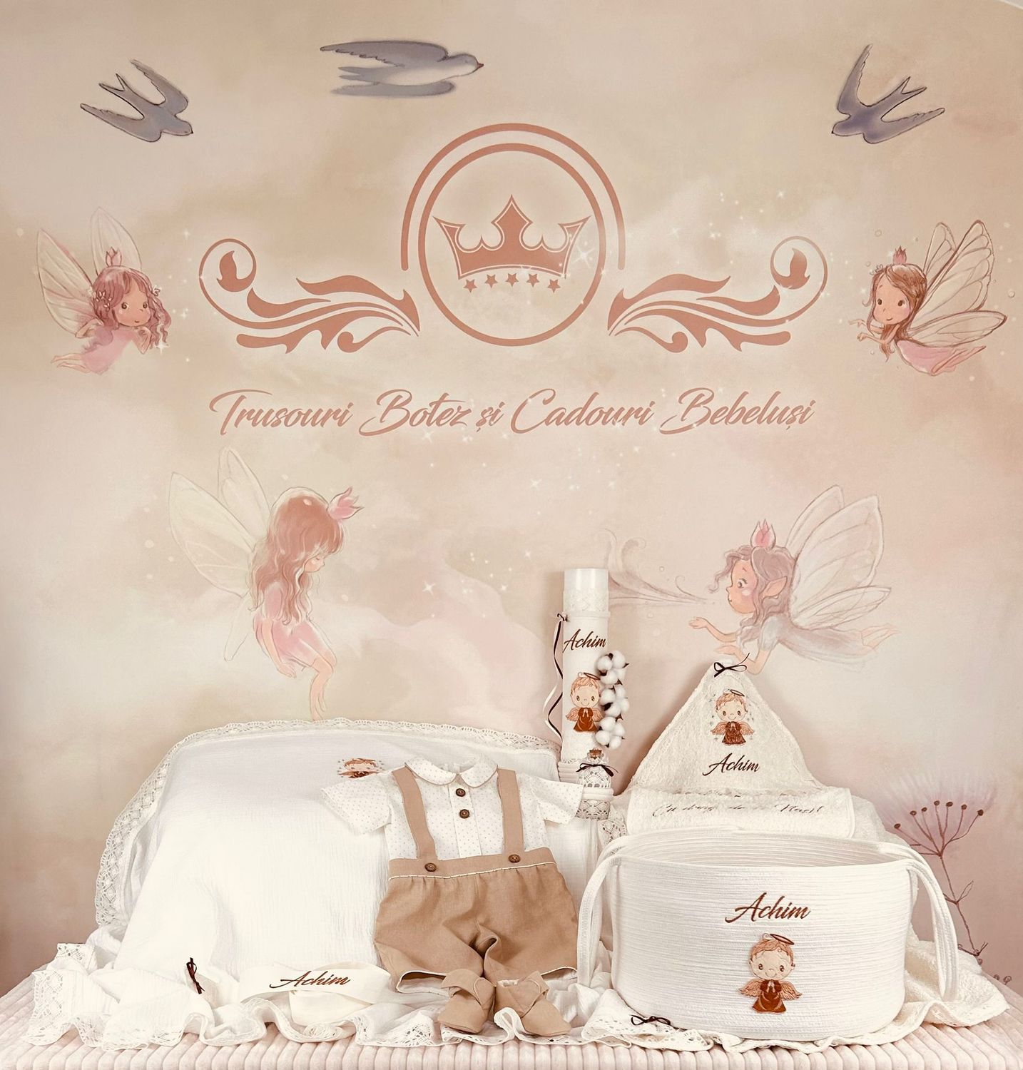 Trusou Botez Personalizat Ingeras Bej - Set Biserica Premium