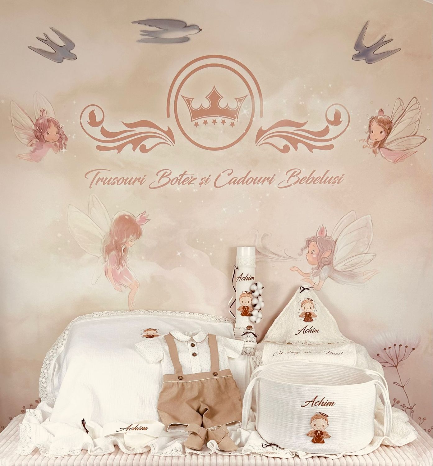 Trusou Botez Personalizat Ingeras Bej - Set Biserica Premium