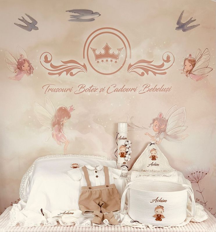 Trusou Botez Personalizat Ingeras Bej - Set Biserica Premium