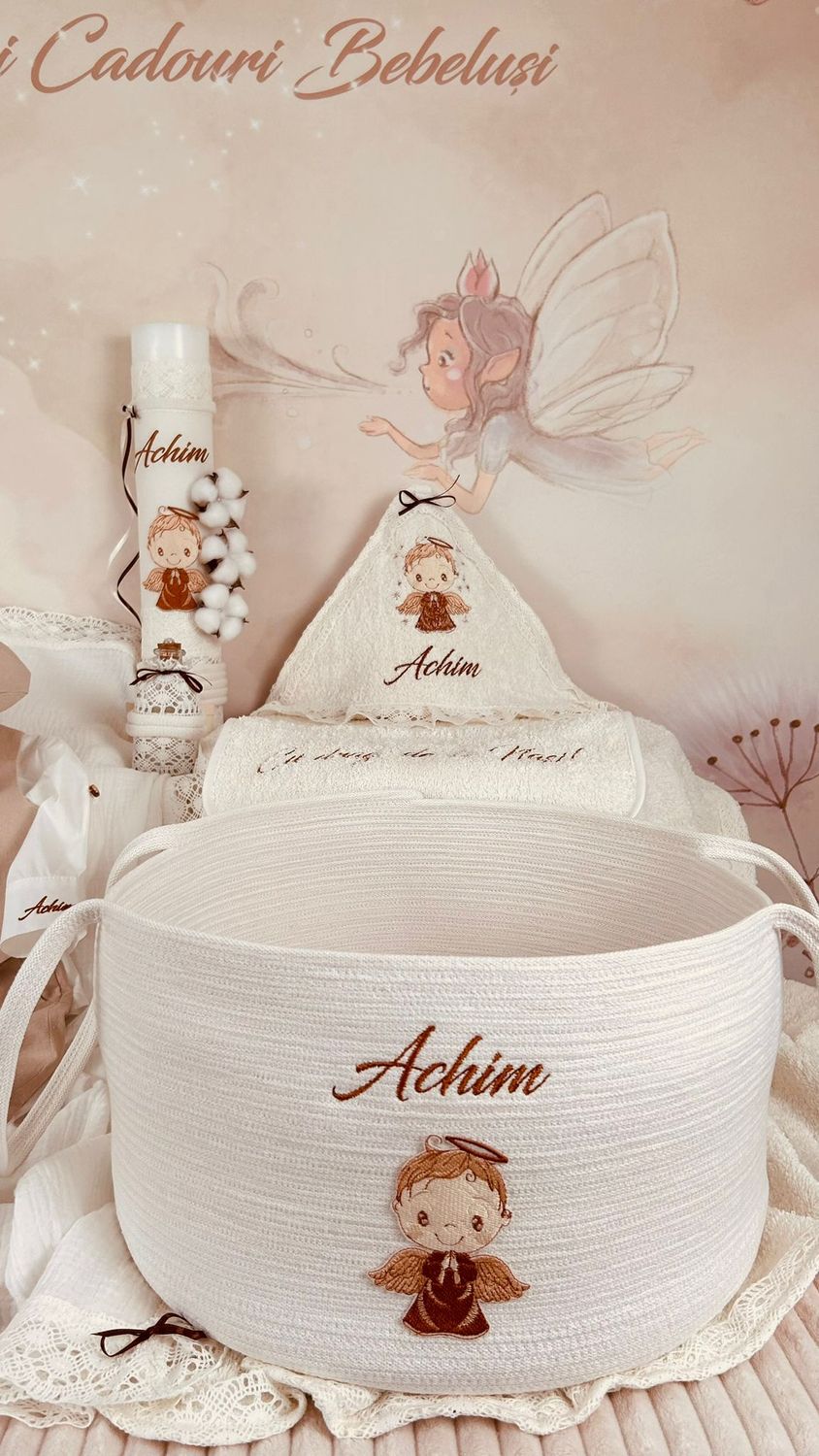 Trusou Botez Personalizat Ingeras Bej - Set Biserica Premium