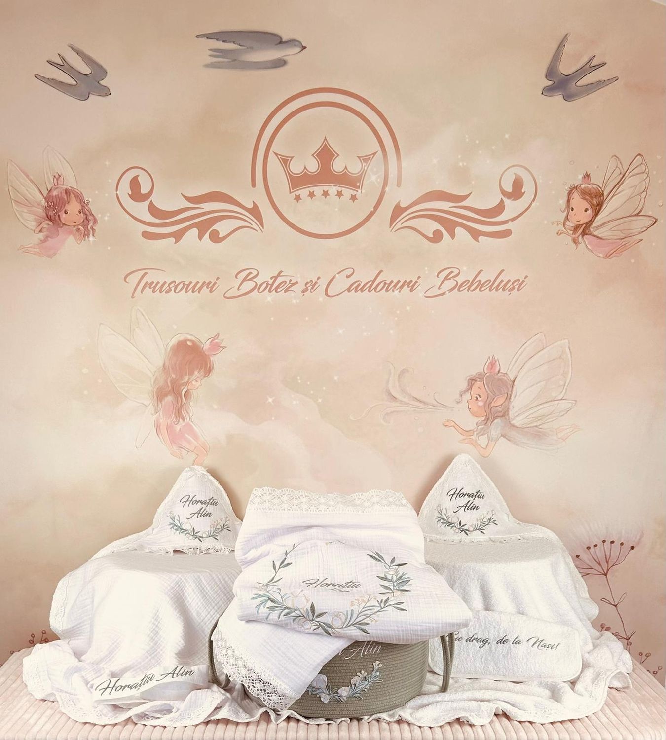 Trusou Botez Muslin Eucalipt nou - Set Biserica Premium