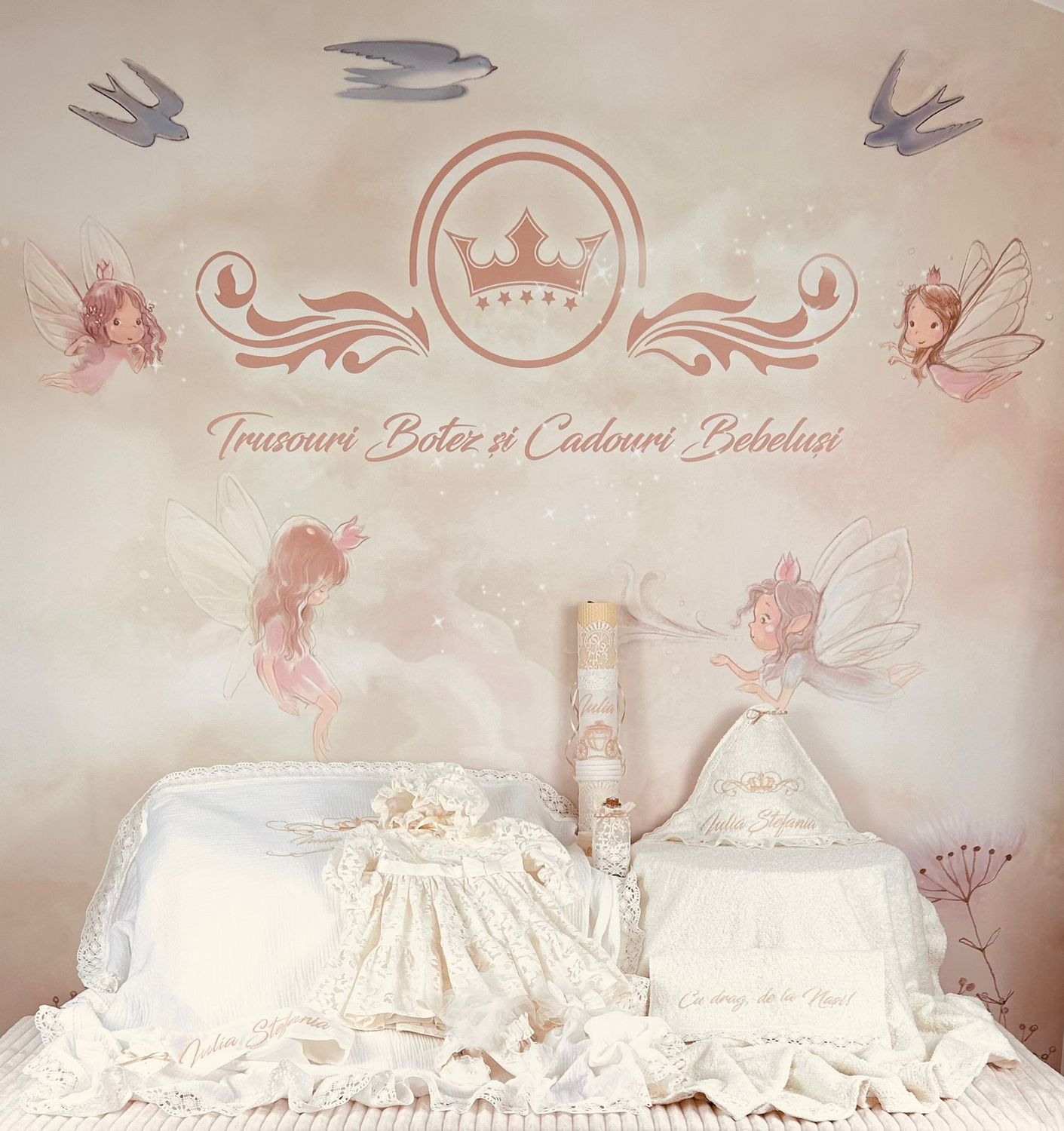 Trusou Botez Muselina Regal cu Caleasca - Set Biserica Premium