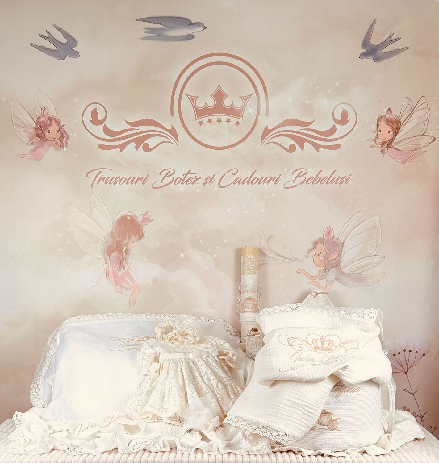 Trusou Botez Muselina Regal cu Caleasca - Set Biserica Premium