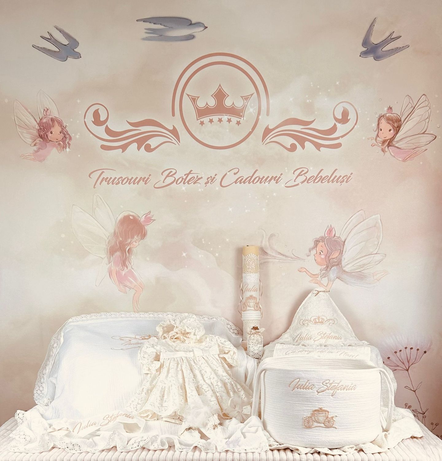 Trusou Botez Muselina Regal cu Caleasca - Set Biserica Premium