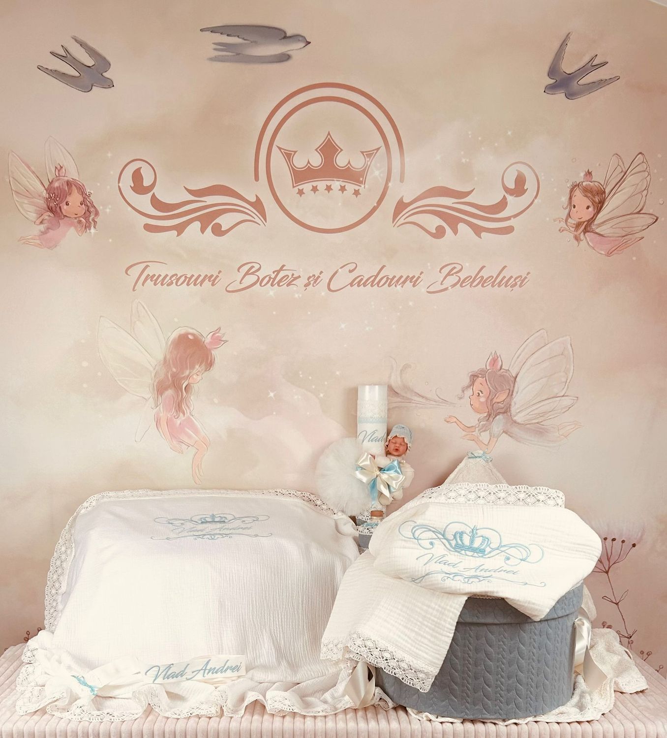 Trusou Botez Personalizat Muselina Regal - Set Biserica Premium