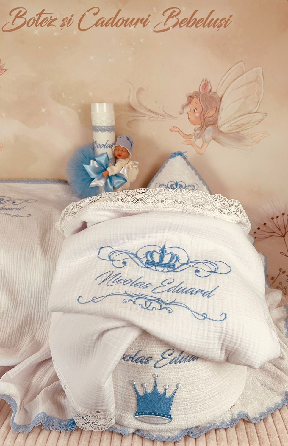 Trusou Botez Personalizat Muselina Regal - Set Biserica Premium