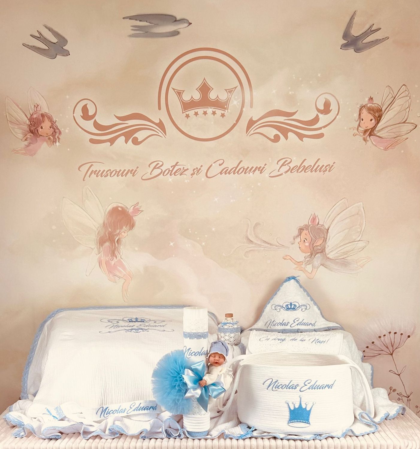 Trusou Botez Personalizat Muselina Regal - Set Biserica Premium