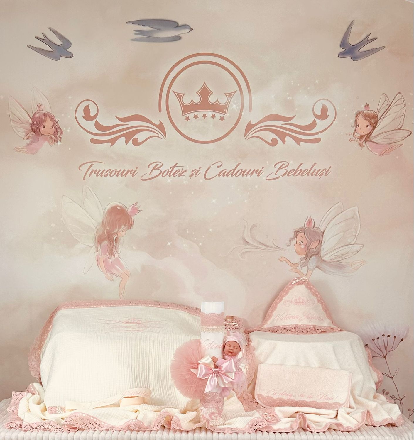 Trusou Botez Muselina Regal Roz set biserica Premium