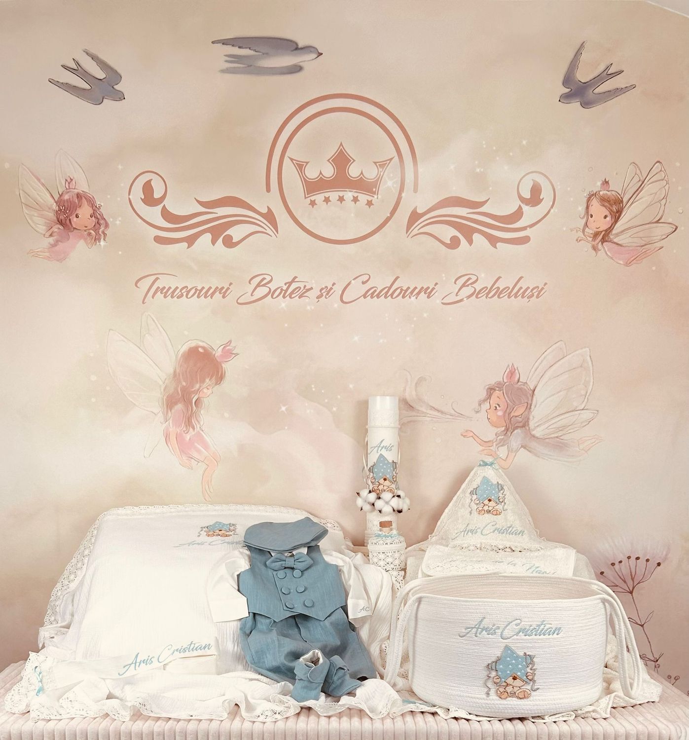 Trusou Botez Muselina Urs cu Stea set biserica Premium