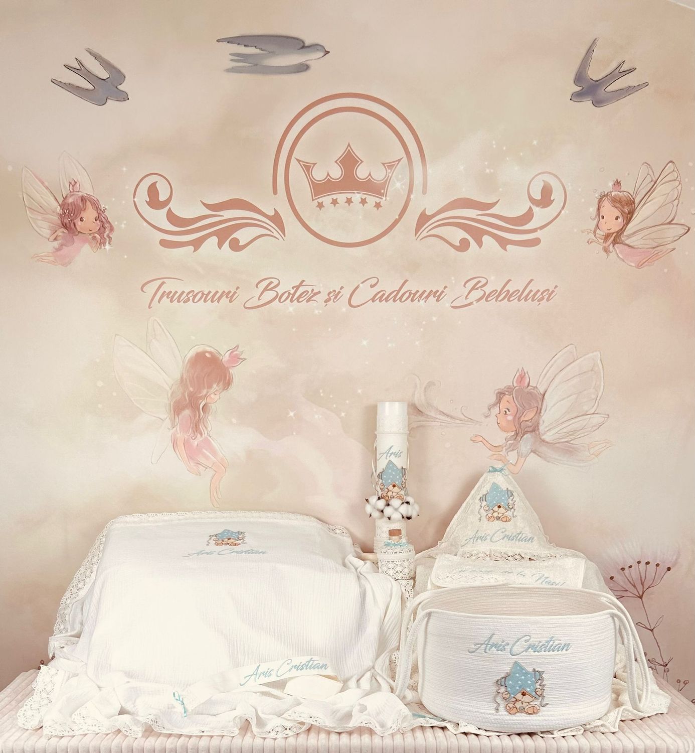 Trusou Botez Muselina Urs cu Stea set biserica Premium