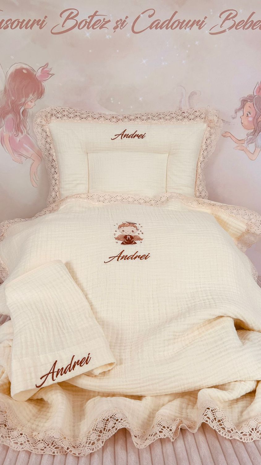 Set Cadou Botez Muselina Ingeras