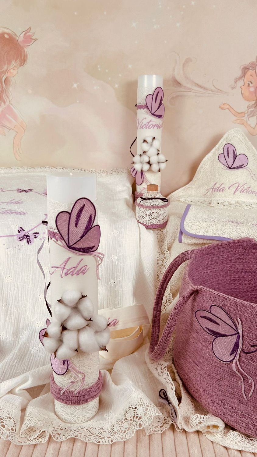 Trusou Botez Muselina Fluturi lila Set Biserica Premium