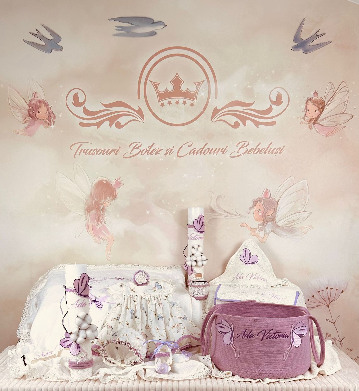 Trusou Botez Muselina Fluturi lila Set Biserica Premium
