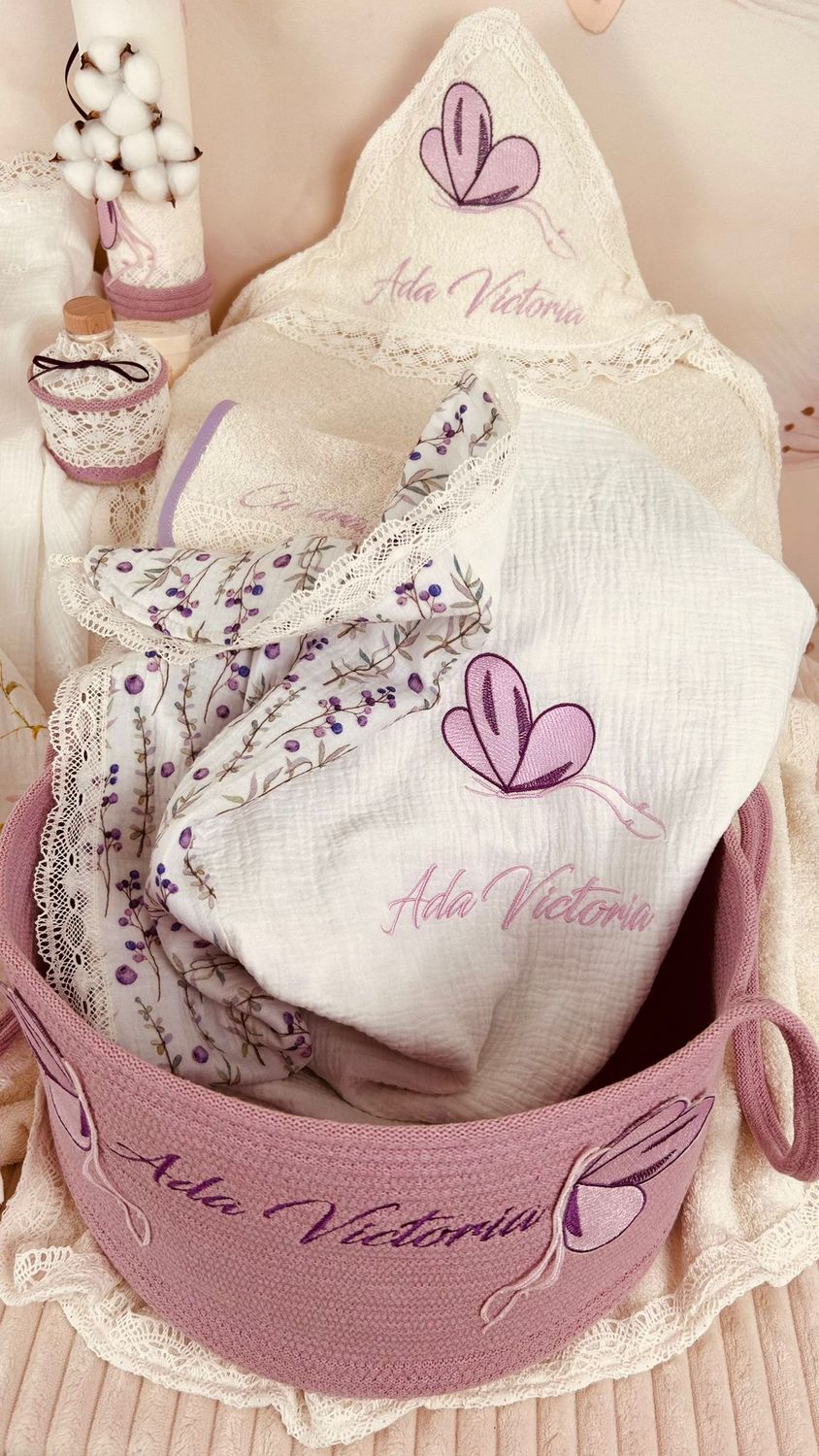 Trusou Botez Muselina Fluturi lila Set Biserica Premium
