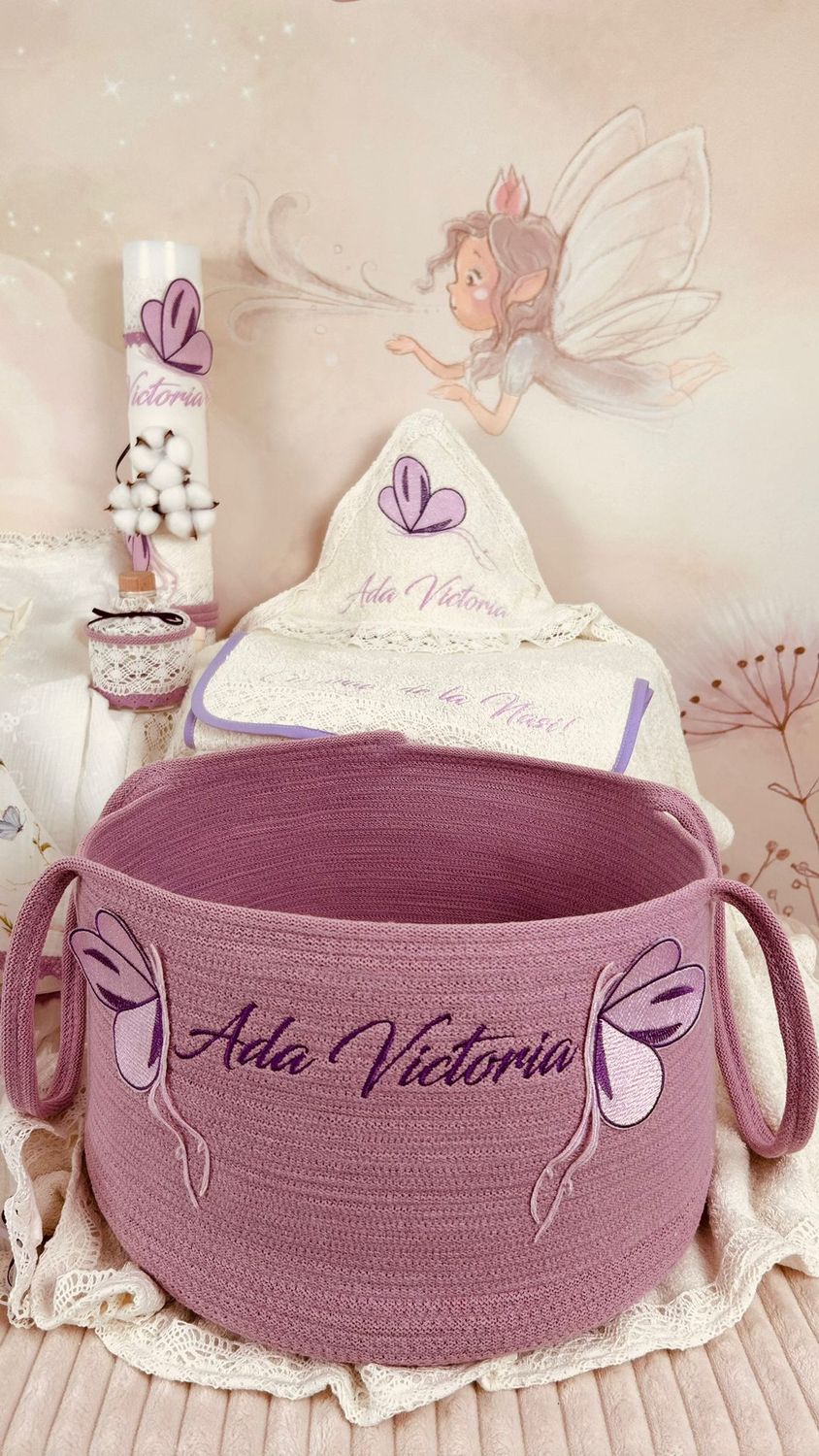 Trusou Botez Muselina Fluturi lila Set Biserica Premium