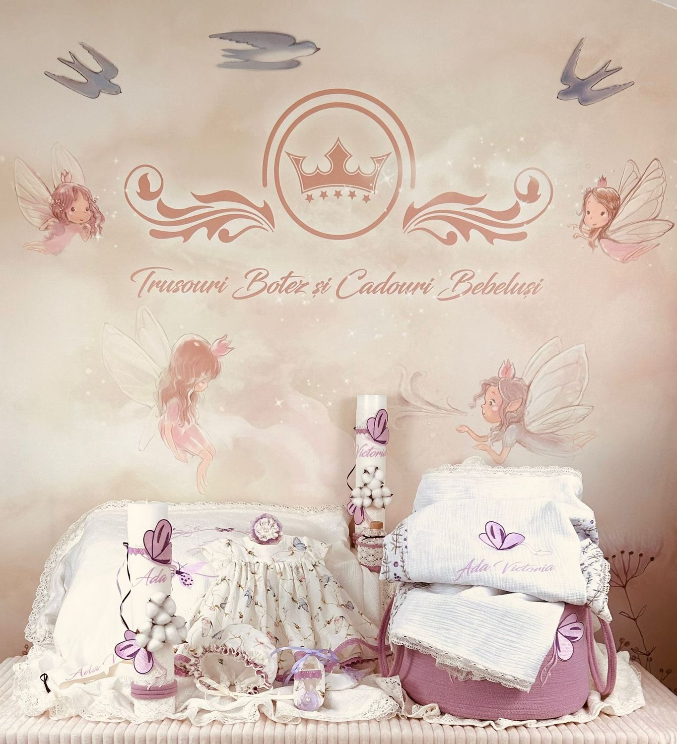 Trusou Botez Muselina Fluturi lila Set Biserica Premium