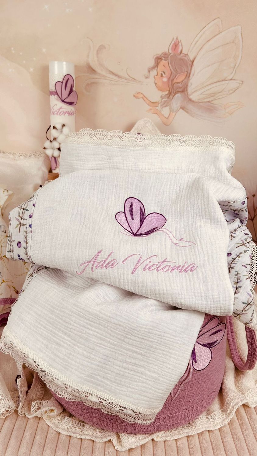 Trusou Botez Muselina Fluturi lila Set Biserica Premium