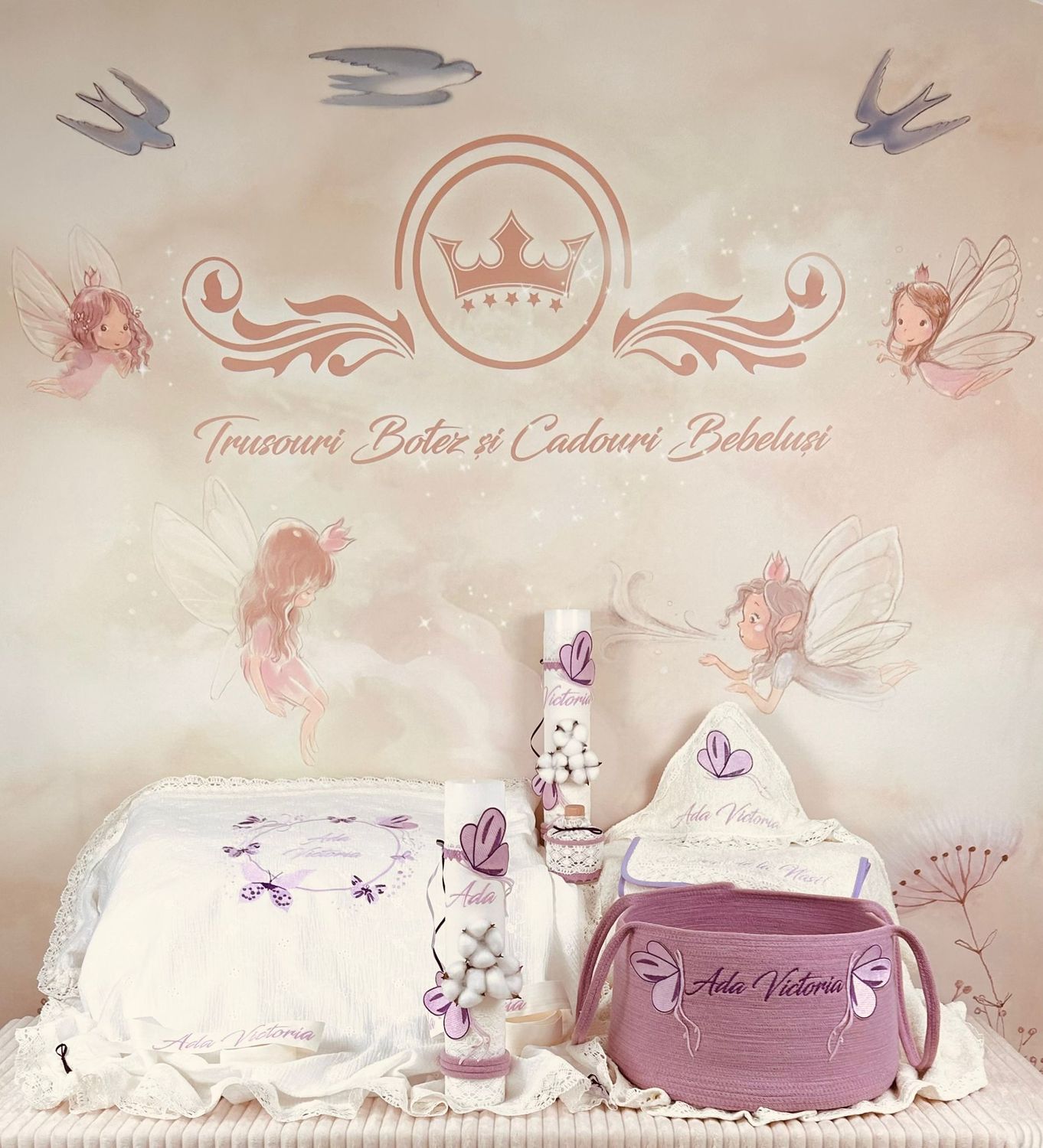 Trusou Botez Muselina Fluturi lila Set Biserica Premium