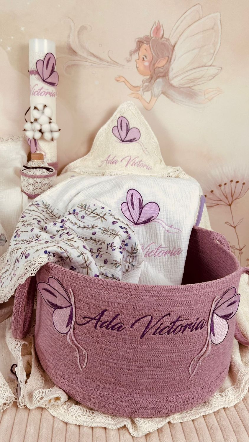 Trusou Botez Muselina Fluturi lila Set Biserica Premium