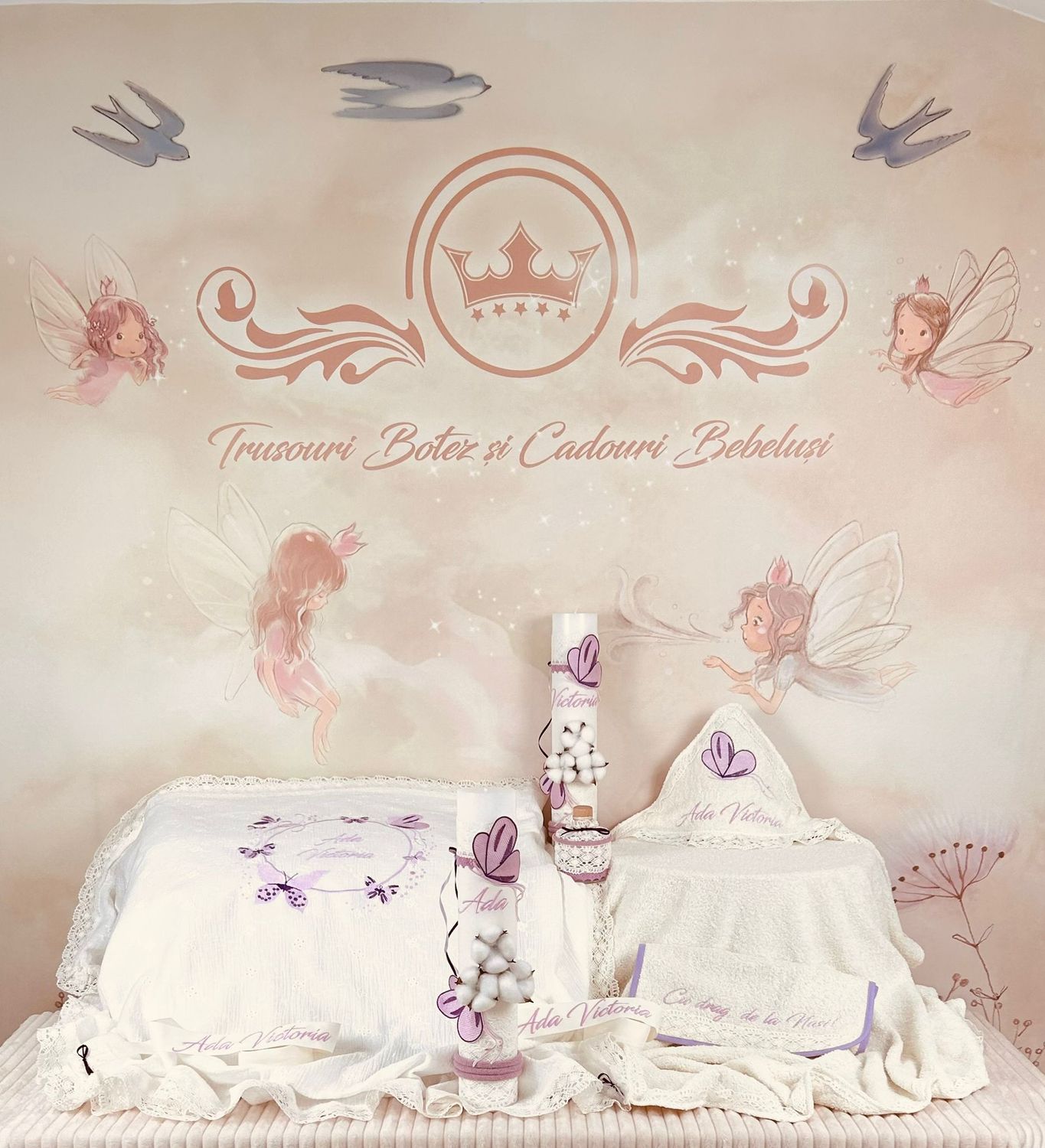 Trusou Botez Muselina Fluturi lila Set Biserica Premium