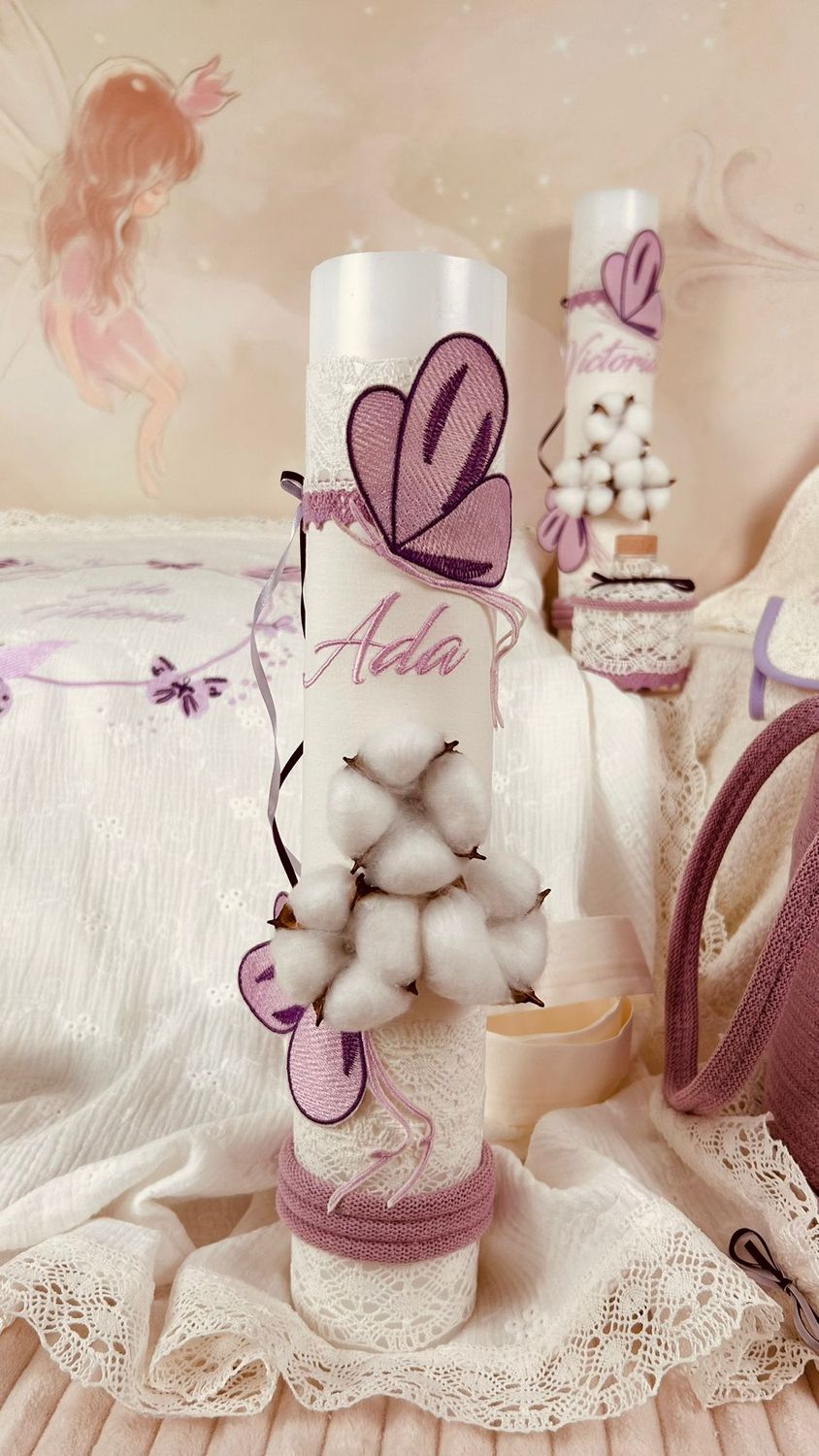 Trusou Botez Muselina Fluturi lila Set Biserica Premium