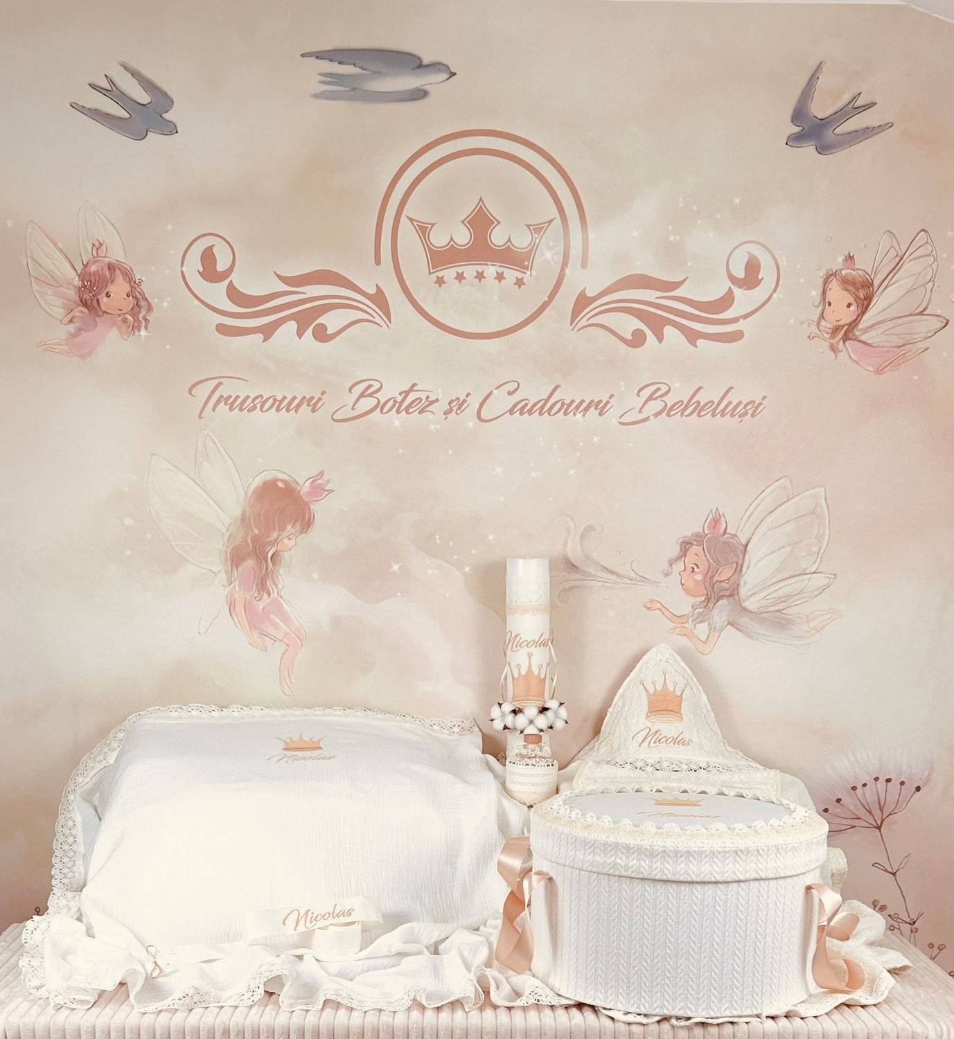 Trusou Botez Personalizat Muselina Regal All Ivory - Set Biserica