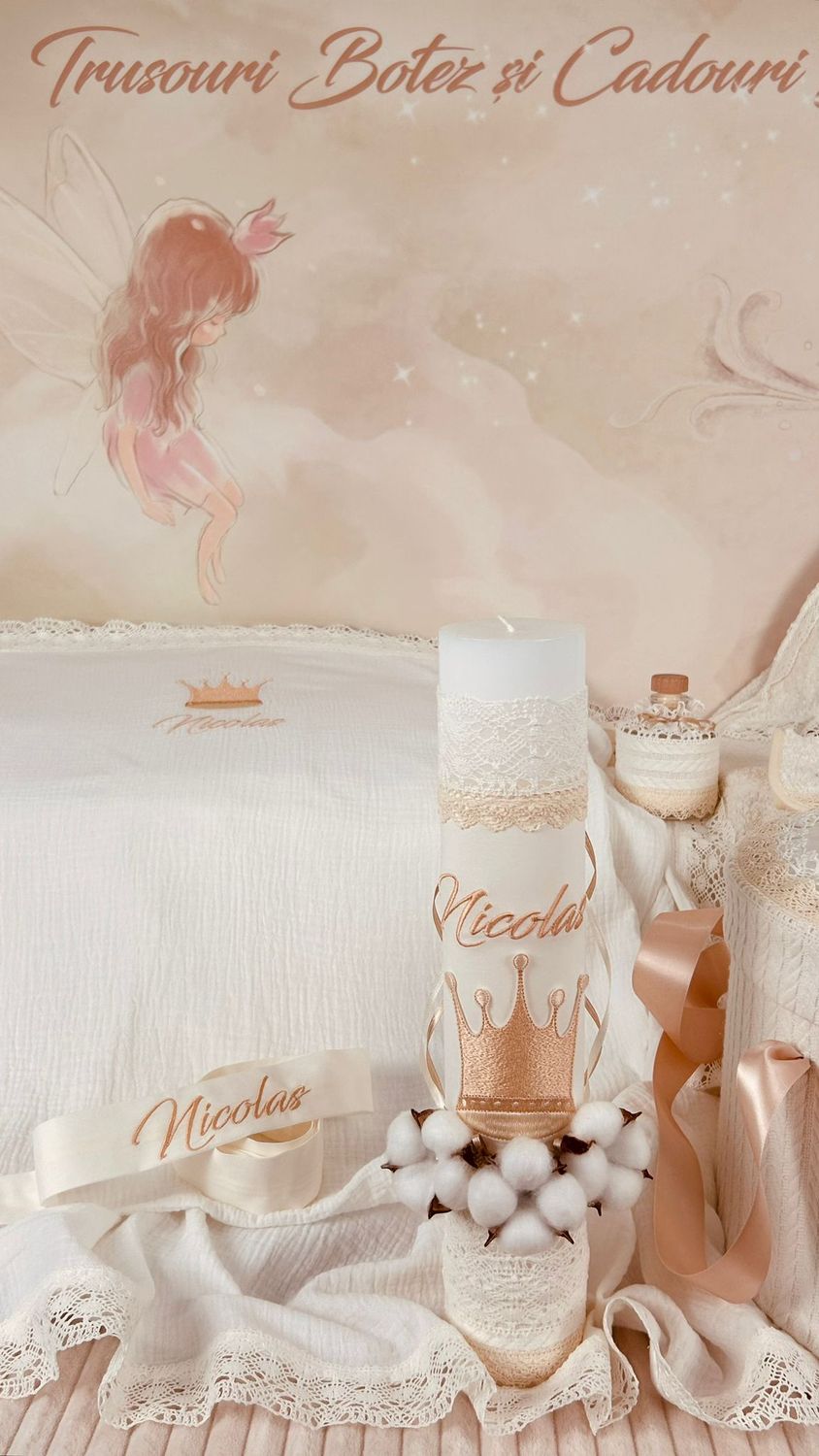 Trusou Botez Personalizat Muselina Regal All Ivory - Set Biserica