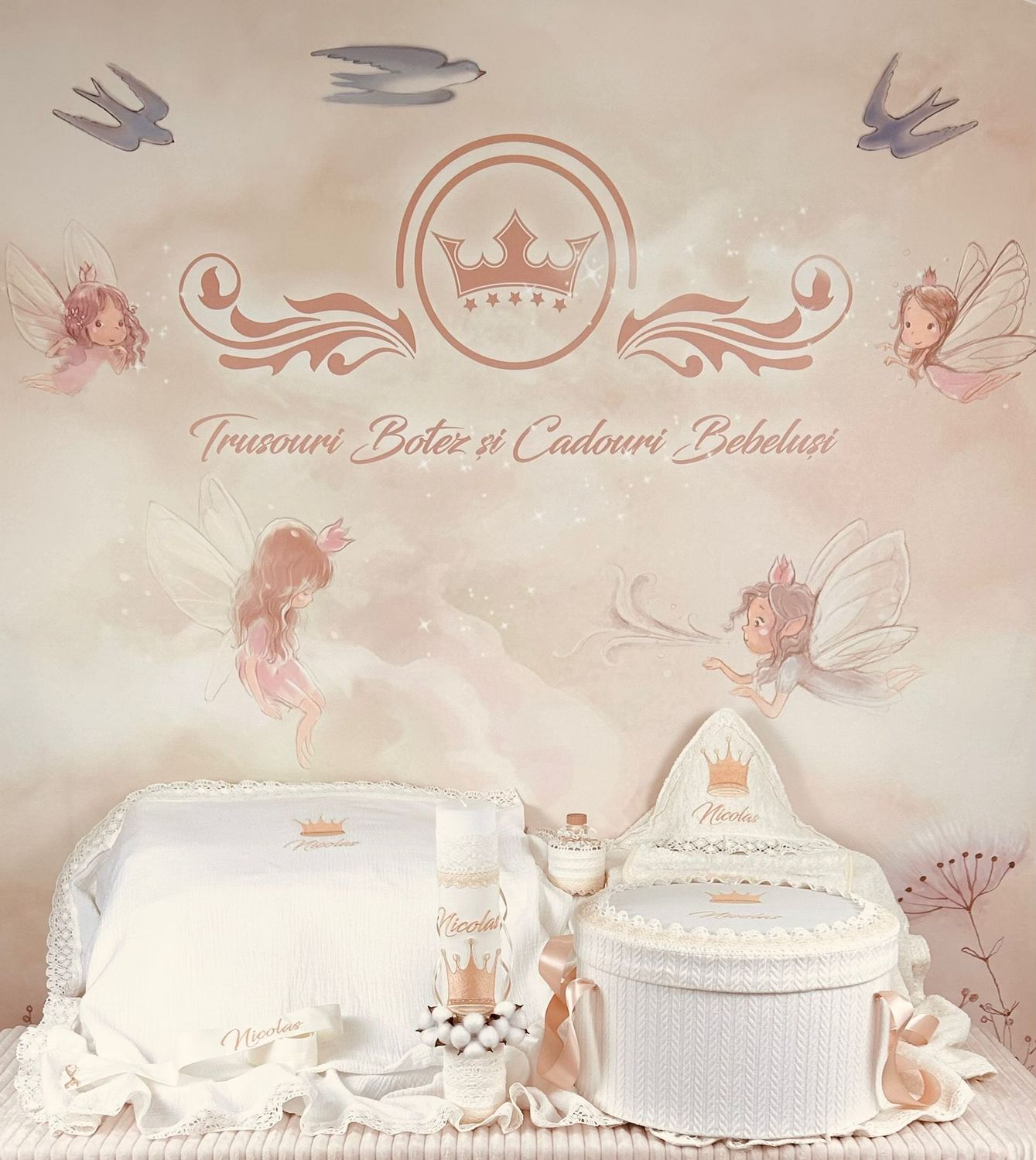 Trusou Botez Personalizat Muselina Regal All Ivory - Set Biserica