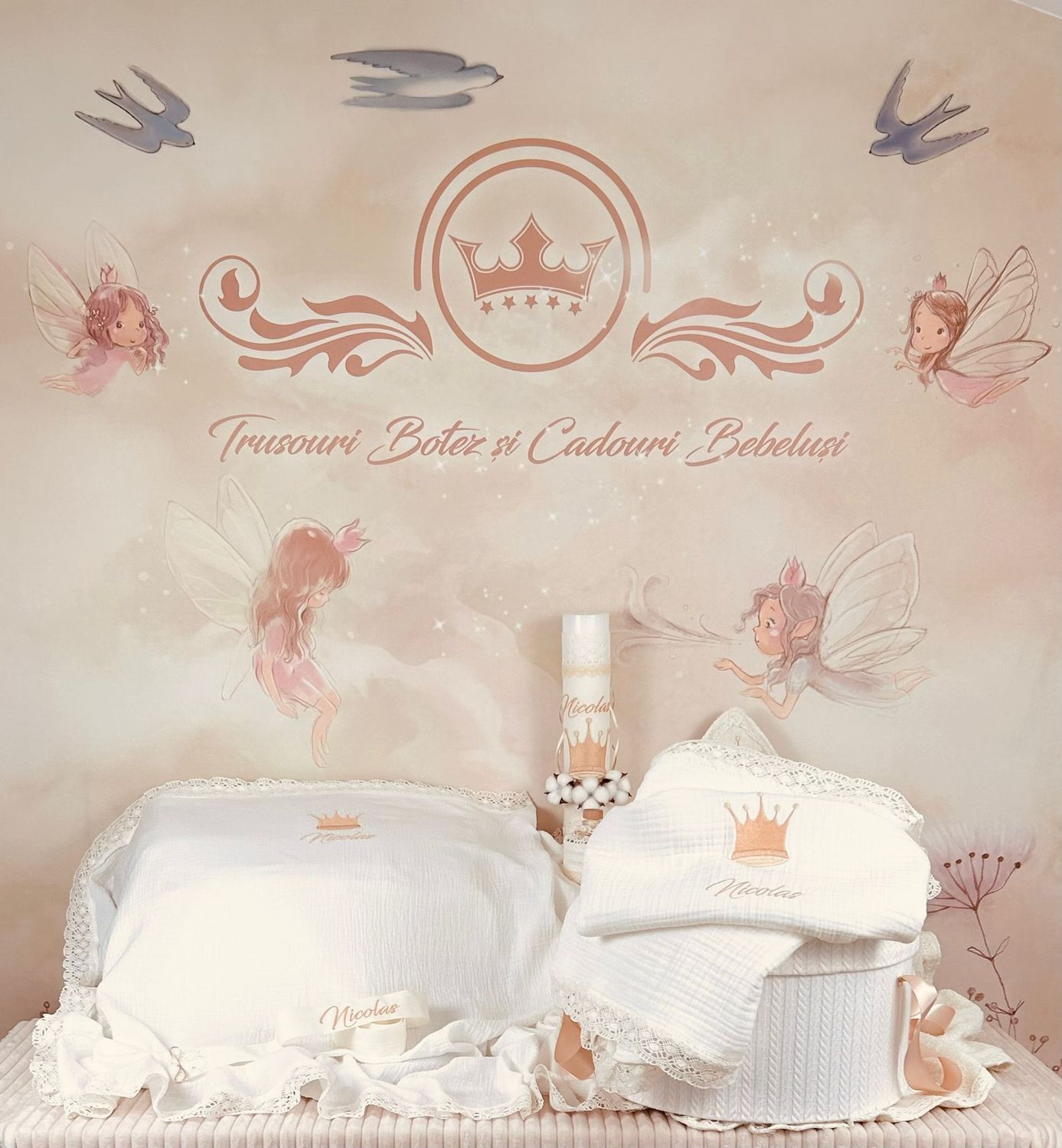 Trusou Botez Personalizat Muselina Regal All Ivory - Set Biserica