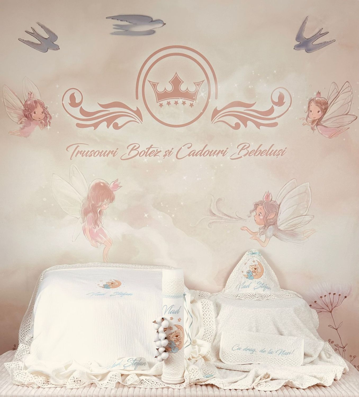 Trusou Botez Muselina Urs pe Luna - Set Biserica