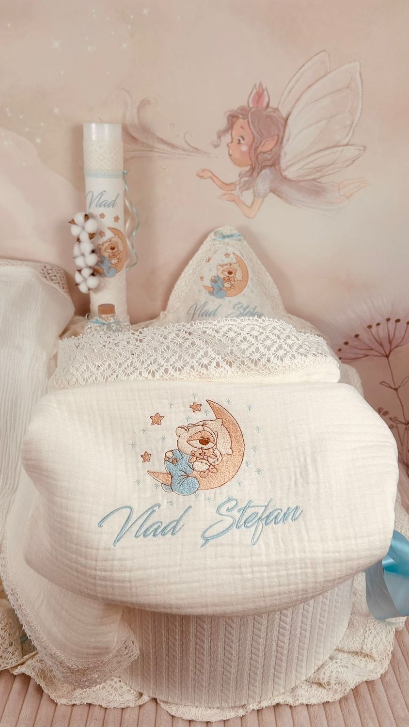 Trusou Botez Muselina Urs pe Luna - Set Biserica